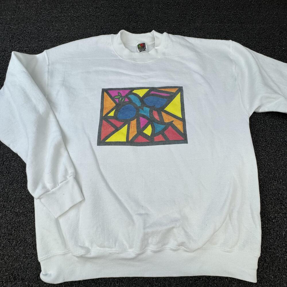 Fruit Of The Loom Sweatshirt Mens XL White Pullover Fleece Stained Glass Graphic